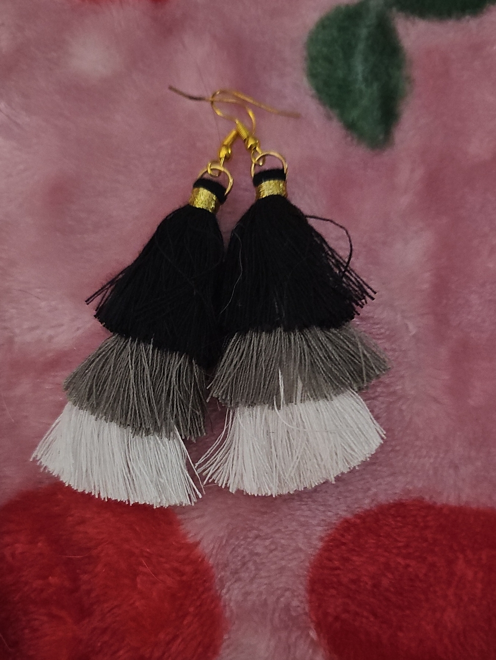 Three-Tier Black, Gray & White Tassel Drop Earrings